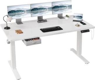 JUMMICO Höhenverstellbarer elektrischer Stehtisch 180x80 cm mit Schublade und Haken – Höhenverstellbarer Sitz-Steh-Tisch mit stabilem Stahlrahmen, breiter Stehtisch für das Homeoffice, weiß