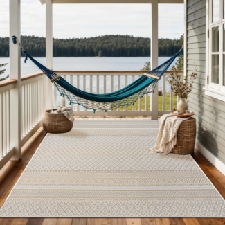 the carpet Calgary - robuster Outdoor Teppich, Flachgewebe, modernes Design, ideal für Küche und Esszimmer, Vintage-Optik, Boho-Style, auch für den Außenbereich, Beige Gelb, 160x220 cm