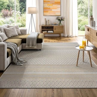 the carpet Calgary - robuster Outdoor Teppich, Flachgewebe, modernes Design, ideal für Küche und Esszimmer, Vintage-Optik, Boho-Style, auch für den Außenbereich, Beige Gelb, 160x220 cm