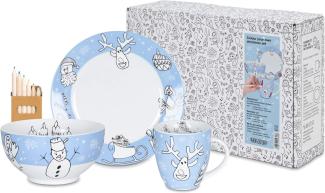 Könitz Colour Your Own Christmas Kindergedeck, 3er Set, Müslischale, Tasse, Geschirr, Teller, Porzellan, Weiß - Hellblau, Ø 19 cm, 11 5 000 2299