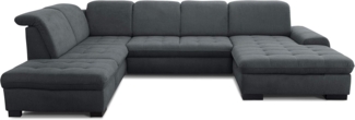 CAVADORE U-Form Lexi mit XXL-Longchair / Inkl. Bett, Bettkasten, Stauraum und Kopfteilfunktion / Leichte Fleckenentfernung dank Soft Clean / 329x82-99x224 / Flachgewebe: Dunkelgrau