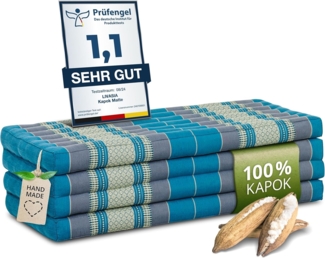 Nachhaltige Klappmatratze aus Kapok, breite Gästematratze vierteilig, Faltbare Matratze, ökologische Yogamatte, klappbares Gästebett, Liege für Garten und Balkon 200 x 110 x 8 cm (Hellblau)