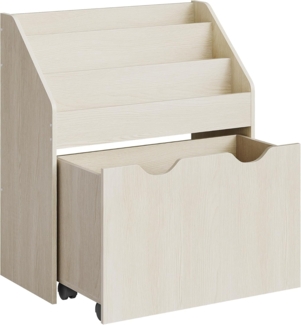 Songmics Bücherregal für Kinder, mit 3 Regalebenen und Aufbewahrungsbox auf Rollen, MDF Haferflockenbeige, 29,5 x 62,5 x 70 cm