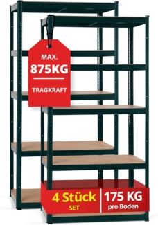 Stagecaptain Schwerlastregal Lagerregal - 5 variabel montierbare Böden - auch als Werkbank umbaubar, 4er Spar-Set 4-tlg, Tragkraft pro Boden: 175 kg, gesamt 875 kg