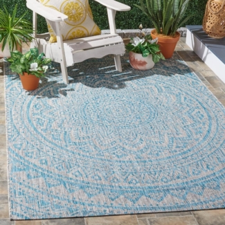 SAFAVIEH Zeitgenössische Teppich für Wohnzimmer, Esszimmer, Schlafzimmer - Courtyard Collection, Kurzer Flor, Hellgrau und Aqua, 160 X 231 cm