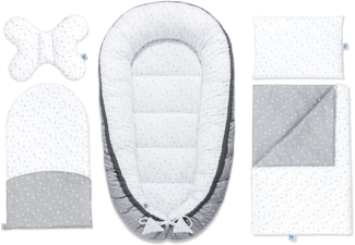 PEPI - 5 teilig Babynestchen Set - Babynest 95x50 - Babydecke - Matratze - Kopfkissen - Kissen - 100% Baumwolle uns Samt - Baby Erstausstattung Neugeborene - (Velvet, grey galaxy)