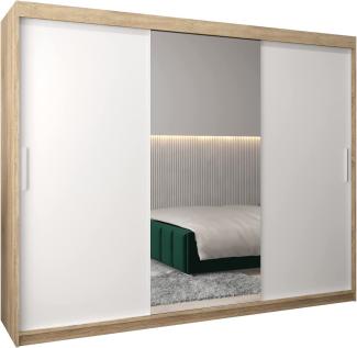 Schwebetürenschrank Tokyo 1-250 cm mit Spiegel Kleiderschrank mit Kleiderstange und Einlegeboden Schlafzimmer- Wohnzimmerschrank Schiebetüren Modern Design (Sonoma + Weiß)