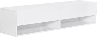 HOMCOM TV Schrank, Hängeschrank, Wandschrank, TV-Kommode, TV-Ständer, Lowboard, Moderner Fernsehtisch mit Klappfächer und Offene Regale, Spanplatte, Weiß, 140 x 32 x 31 cm