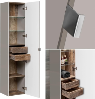 Badmöbel Hochschrank PUEBLA-56-TAUPE in taupe mit Vintage Oak Eiche, 1 Tür, B/H/T: 35/160/33 cm