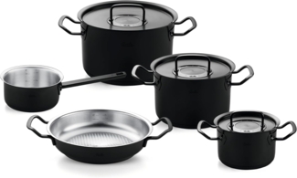 Fissler Topf-Set Original-Profi Collection ShadowLine, Edelstahl 18/10 (Set, 8-tlg, 3 Kochtöpfe mit Metalldeckel, 1 Servierpfanne, 1 Stielkasserolle), Auf 1.800 Stück limitiert, Echtheitszertifikat, Made in Germany