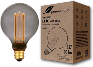 greenandco Vintage Design LED Birne zur Stimmungsbeleuchtung | E27 G95 | smoke | 4W 100lm | 1800K extra warmweiß | 320° | 230V | flimmerfrei | nicht dimmbar | Edison Glühbirne