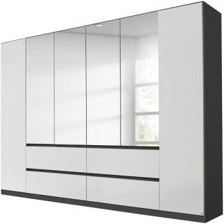 Rauch Möbel Mainz Schrank Kleiderschrank Drehtürenschrank Weiß / Graumetallic 6-türig mit Spiegel, 4 Schubladen inkl. Zubehörpaket Basic 4 Einlegeböden, 4 Kleiderstangen, grifflos BxHxT 271x210x54 cm