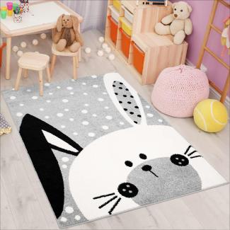 carpet city Kinderteppich Bubble Kids Flachflor Schlappohr-Hase, weiß gepunktet in Grau für Kinderzimmer; Größe: 140x200 cm