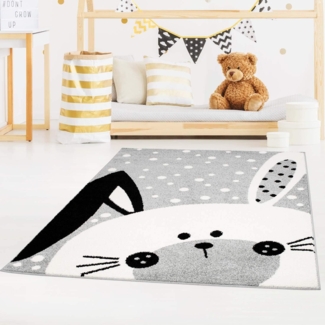 carpet city Kinderteppich Bubble Kids Flachflor Schlappohr-Hase, weiß gepunktet in Grau für Kinderzimmer; Größe: 140x200 cm