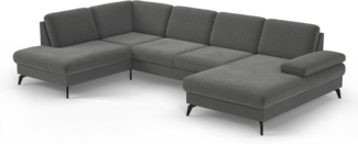 Cavadore Wohnlandschaft Moritz / Sofalandschaft mit Longchair im trendigen Design, Sitztiefenverstellung und mattschwarzen Metallfüßen / 212 x 82 x 335 / Flachgewebe, Grau