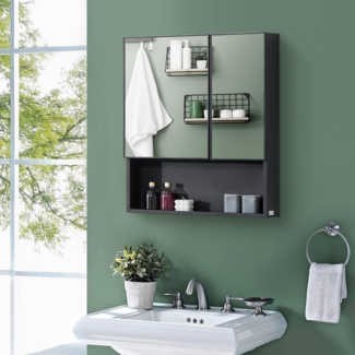 Kleankin Spiegelschrank Wand-Medizinschrank mit Doppeltüren und Ablageflächen (Hängeschrank, 1-St, Badezimmerschrank) für Badezimmer, Schwarz