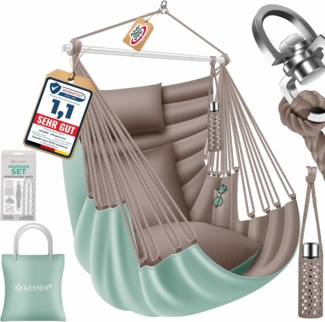 KESSER® Hängesessel Haiti 150kg Traglast, Hängestuhl 360° Drehung, Hängeschaukel Indoor-Outdoor UV-beständig & Wasserfest, Pflegeleicht, Inkl. 2 Kissen, Tragetasche, Flaschenhalter & Montage-Set Stone Green / Taupe