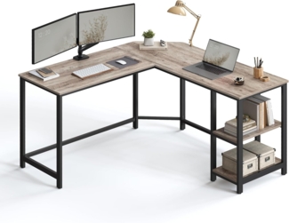 Vasagle Schreibtisch, L-förmiger Computertisch, Eckschreibtisch mit 2 Ablagen, Bürotisch im Industrie-Design, Schwarz-Natur