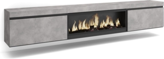 Skraut Home | TV-Schrank, Lowboard | für Wohnzimmer und Esszimmer | 267 x 45 x 35 cm | Für großformatiges TV | Elektrokamin XXL | Hängend | Moderner Stil | Zement