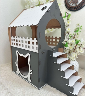 Jungengel Tierhaus Zweistöckiges Katzenhaus aus MDF – Anthrazit & Weiß – in XL, XXL, 3XL, Werkzeugloser Aufbau, Doppelgeschossig, Treppe, Balkon, Katzenöffnung