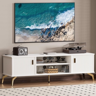 Yorbay Lowboard TV Schrank stehend, für Fernsehr bis zu 65 Zoll, 147cm Breit, Design TV Möbel mit 2 Türen,Metall Beine&Goldener Griffen,Modern Weiß