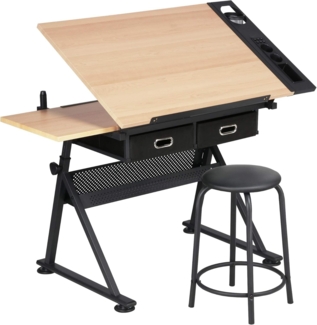 Yaheetech Zeichentisch Architektentisch Verstellbarer Tischplatte Schreibtisch Schülerschreibtisch mit Hocker und Schubladen Höhenverstellbar Arbeitstisch für Techniker Architekten