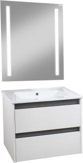 BadeDu BYK Badmöbelset 3-teilig 60 cm, Weiß/Braun/Anthrazit inkl. LED-Spiegel