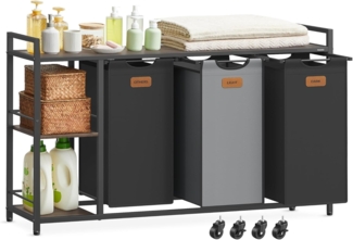 VASAGLE Wäschekorb 3 Fächer, Wäschesammler 150 L, Wäschesortierer, Rollen, Wäschewagen mit Ablagen, Wäschesack, mit abnehmbaren Taschen, 6 Etiketten, kastanienbraun-tintenschwarz-taubengrau