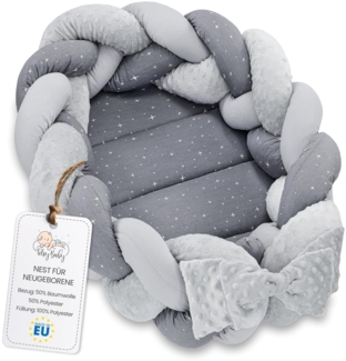 Babynest Neugeborene Nestchen Baby 75x45 cm – Plüschstoff Kuschelnest mit Zopf Kissen zerlegbares Set zweiseitig Babynestchen Babybett Galaxie