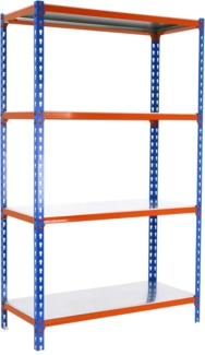 Simon Rack Schwerlastregal, 1500 x 1200 x 300 mm, Bis 200 kg Belastbar, 4 Verstellbare Ablagen, Kellerregal, Lagerregal, Blau/Orange/Verzinkt - Simonclick