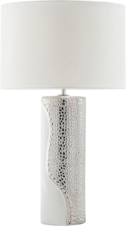 'Aiken' Tischlampe Silber und Weiß Porzellanfuß Stoffschirm Braun Kabel mit Schalter Moderner Minimalistischer Glamouröser Stil