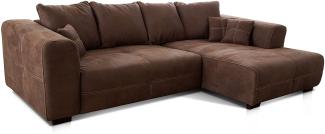 Cavadore Ecksofa Mavericco / XXL Eckcouch Inkl. Rückenkissen und Zierkissen / Longchair rechts / Industrial Style / 285 x 69 x 170 (BxHxT) / Mikrofaser Braun