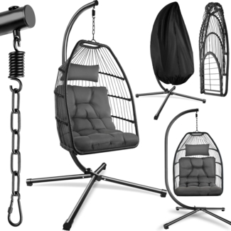 tectake Hängesessel Schaukelstuhl Ariane mit Gestell und Kissen 160kg Belastbarkeit, mit extra dickem Sitz- und Kopfkissen