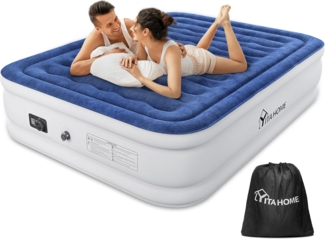 YITAHOME 2x1,5 m Luftmatratze Selbstaufblasend mit Integrierter Elektrischer Pumpe Luftbett Selbstaufblasend in 3 Minuten Aufblasbare Matratze für 2 Personen für Zuhause, Gästezimmer, Weiß/Blau