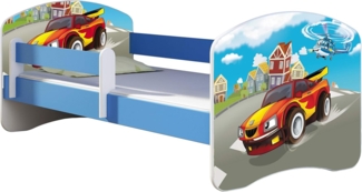 ACMA Kinderbett Jugendbett mit Einer Schublade und Matratze Blau mit Rausfallschutz Lattenrost II 140x70 160x80 180x80 (03 Racing Car, 140x70)