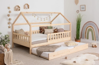 Ticaa Hausbett Kay mit Rausfallschutz und Zusatzbett aus Kiefer, Kinderbett 140x200, inkl. Dach, mit Rollrost, mit Matratze
