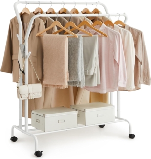 SONGMICS Kleiderständer auf Rollen, 2 Kleiderstangen, Garderobenstange, Garderobenständer aus Stahlrohren, bis 100 kg belastbar, 103,5 cm breit, multifunktionale Aufbewahrung, weiß HSR107W01