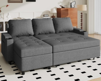 JUMMICO Schlafsofa mit Bettkasten L Form Sofa mit Schlaffunktion 3 Sitzer Couch klein Cordstoff Ecksofa Schlafcouch Ausziehbar Wohnlandschaft für Wohnung und Wohnzimmer Hellgrau