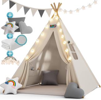 Spielwerk Kindertipi mit Lichterkette, Bodenmatte und Kissen, weiß, 120 x 120 x 160 cm