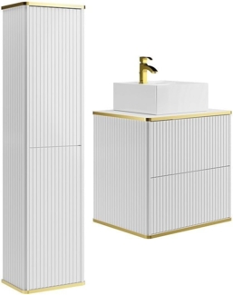 Vente-unique - Waschbeckenunterschrank hängend mit quadratischem Aufsatzwaschbecken und Säule - Streifenoptik - Weiß - 60 cm - KELIZA