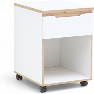 Stella Trading Memphis Rollcontainer Schreibtisch in Weiß, Artisan Eiche Optik - Mobiler Büroschrank mit Schublade - 45 x 66 x 55 cm (B/H/T)