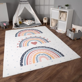 Paco Home Teppich Kinderzimmer Kinderteppich Spielteppich Kurzflor rutschfest Krone Herzen Punkte Sonne Regenbogen Buchstaben, Grösse:160x220 cm, Farbe:Bunt 2