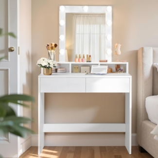 Vasagle Schminktisch mit LED-Beleuchtung und Spiegel, Holz weiß, 145 x 80 x 40 cm