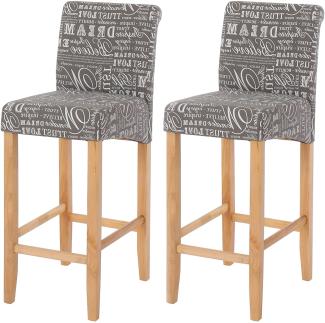 2er-Set Barhocker HWC-C33, Barstuhl Tresenhocker, Holz ~ Schriftzug, grau, helle Beine, Stoff/Textil