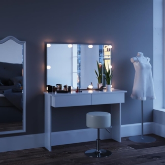 Vicco 'Azur' Schminktisch mit LED-Lichterkette und Hocker, Holzspanplatte weiß, hochglanz, 120 x 40 x 83 cm