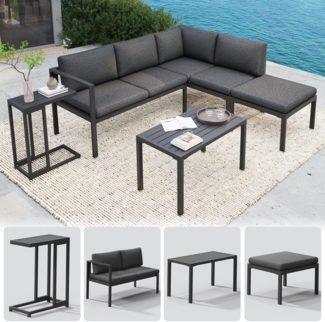 Melko Sitzgruppe Ecklounge Aluminium Beistelltisch Hocker Sitzgruppe wetterfest Grau, (UV-Beständigkeit, 5-tlg, Möbelset Anthrazit), Inkl. praktischen Beistelltisch, Hocker und wasserabweisenden Kissen