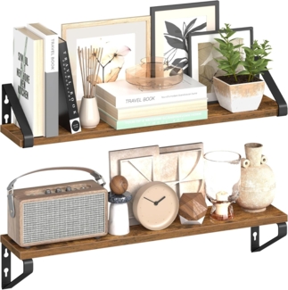 VASAGLE Wandregal, Schweberegal, 2er Set, Regalbrett, 2 Montagemöglichkeiten, 60 cm, für Wohnzimmer, Küche, Arbeitszimmer, Badezimmer, vintagebraun-mattschwarz LWSDE062K01