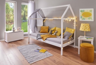 Kinderbett SUN ROAD 90 x 200 weiß Pfostenbett Himmelbett Kiefer massiv