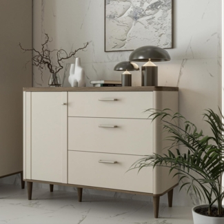 Forte LACETTI Kommode 120, Moderne Kommode mit Skandi Lamellen Design, 3 Schubladen, 1 Tür, Holzwerkstoff, Sand mit Valencia Eiche Holzdekor, 120,1 cm breit x 91,7 cm hoch x 41,2 cm tief