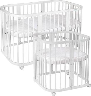 Waldin Babybett aus Holz 7in1 mit Matratze, mitwachsendes Kinder-Bett, belüftet, Boden 5-fach verstellbar, All-Inclusive-Set Holz weiß, Ohne Stoffset